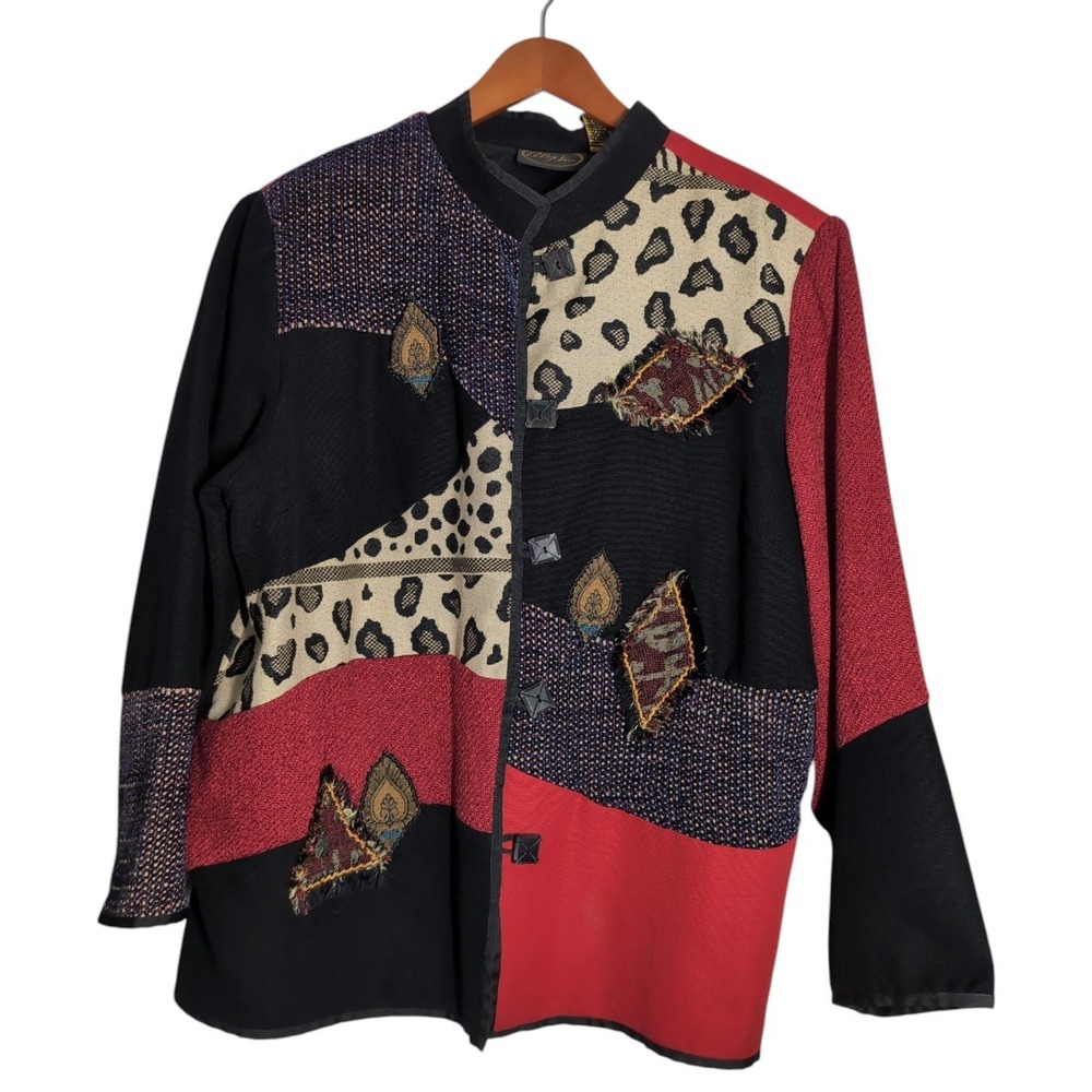 Alex Kim Patchwork Jacket Women 1X VTG Animal Print Mixed Media Zebra Leopard